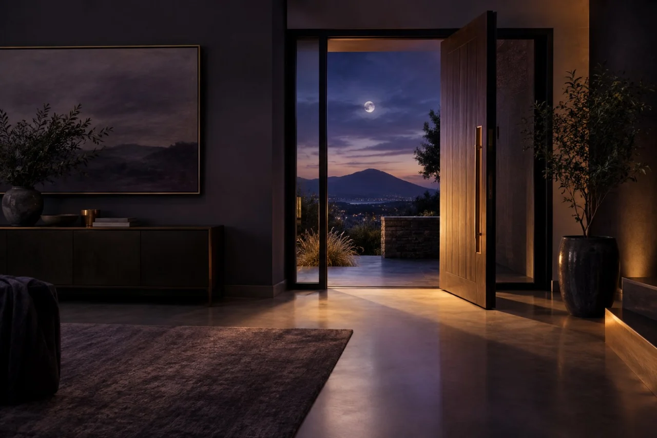 Calm modern home interior with soft violet and gold light symbolising a fresh beginning after moving